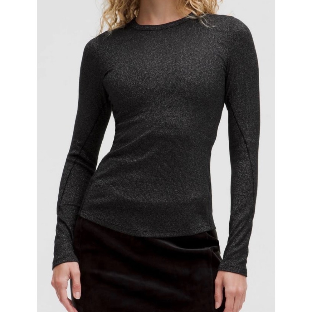 Lululemon Hold Tight Long Sleeve Shirt Black Silver Metallic Shimmer XS Ribbed
